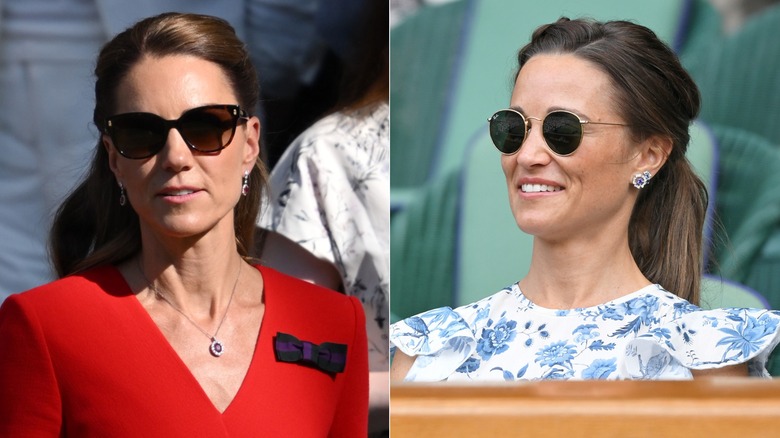 L: Kate Middleton in classic sunglasses with a charity bow pinned to her dress. R: Pippa Middleton in round Raybans and a hair braid
