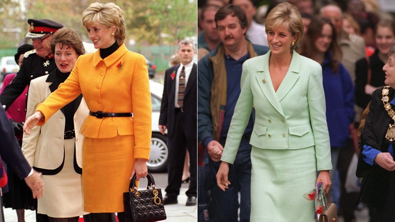 Princess Diana in a yellow Versace suit and in a mint Chanel suit