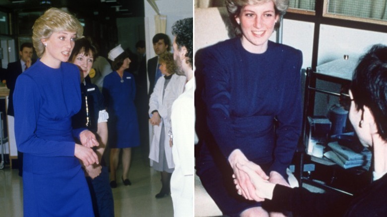 Princess Diana in 1987 wearing a blue dress and shaking hands with an AIDS patient