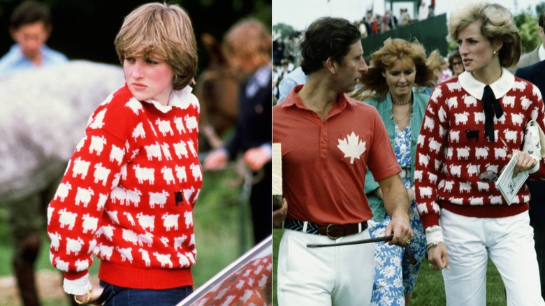 Princess Diana wearing her famous sheep sweater in the 1980s