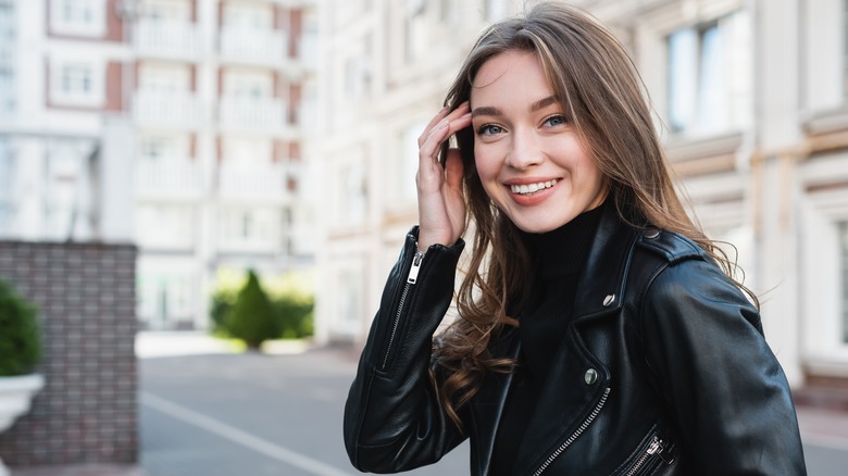 woman wearing leather jacket