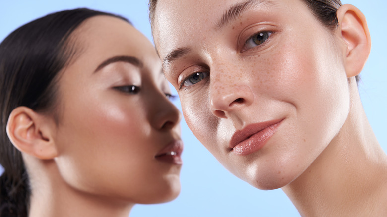 Two women wearing nude lipstick