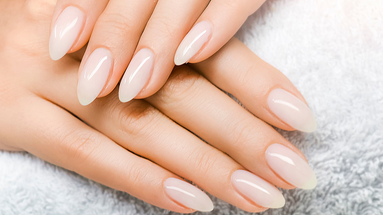 hands showing almond nail manicure