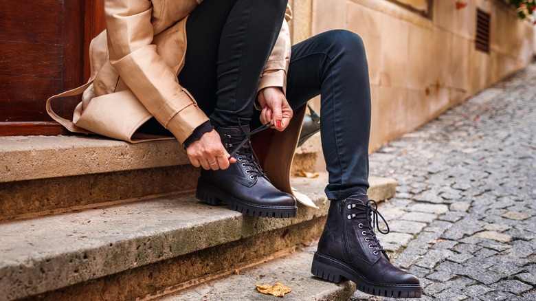 tying laces on leather boots