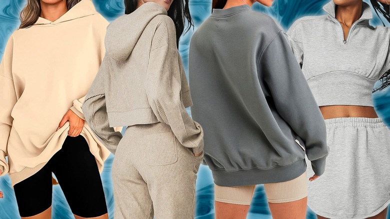 four models wearing sweatshirts