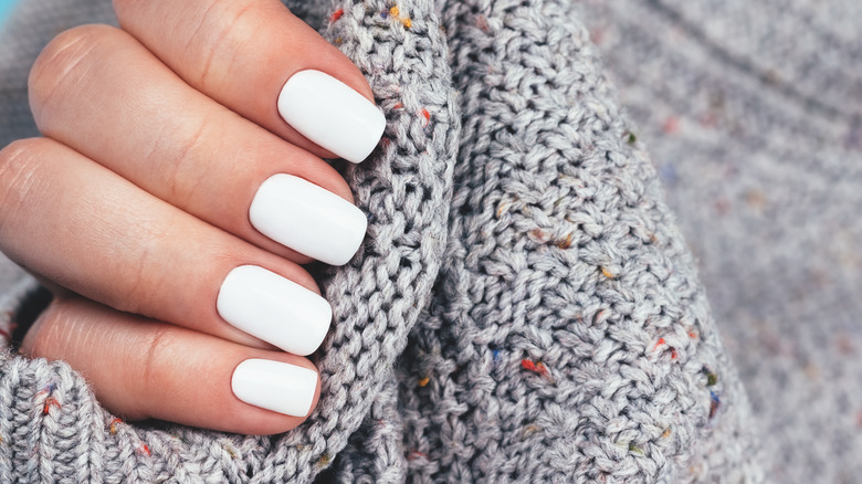 Hand model showing white squoval nails next to gray sweater