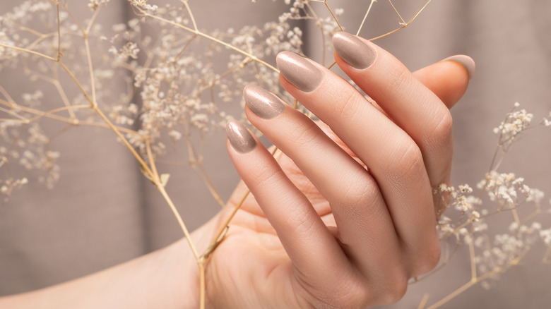 woman with glitter beige nail polish holding plant