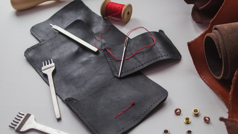 Leather with sewing materials