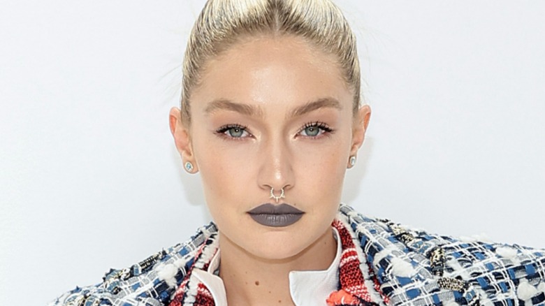 Gigi Hadid wearing gray lipstick