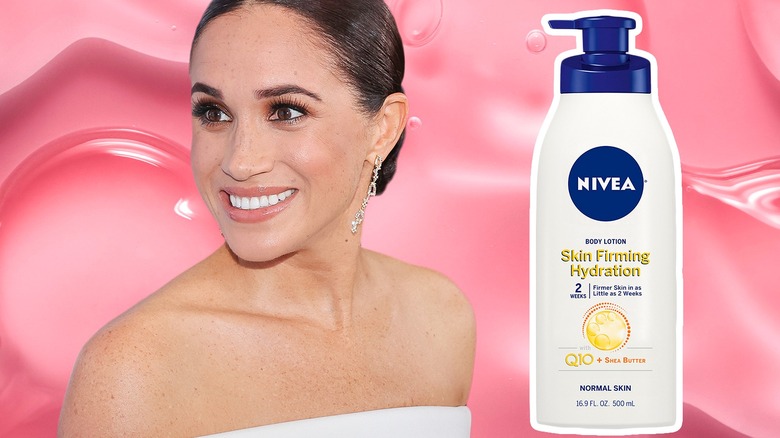 Smiling Meghan Markle, Nivea lotion, pink background