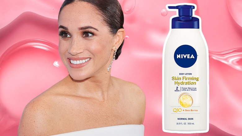 Smiling Meghan Markle, Nivea lotion, pink background