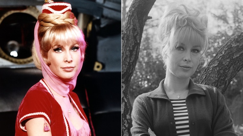 Barbara Eden posing as Jeannie on set and at home in 1965