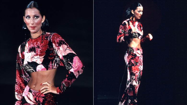 Cher performs in a crop top and maxi skirt in August 1972