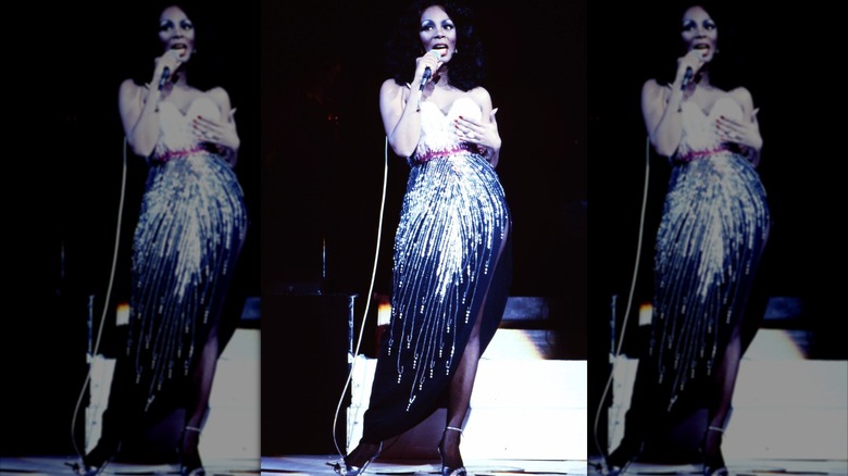 Donna Summer performing in a jeweled dressed in Los Angeles in 1978
