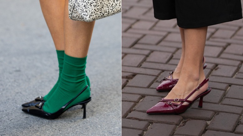 A pair of black slingback pumps with green socks during Oslo Fashion Week in September 2026 / A pair of burgundy slingback pumps during Amsterdam Fashion Week in September 2026