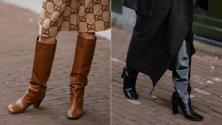 A pair of knee-high brown square-toe boots during Amsterdam Fashion Week in September 2026 / A pair of black knee-high square-toe boots during Amsterdam Fashion Week in September 2026