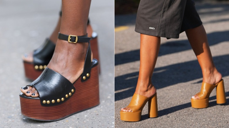 A pair of black and brown platform wedge sandals in Paris in July 2026 / A pair of platform open-toe sandals during Copenhagen Fashion Week in August 2026