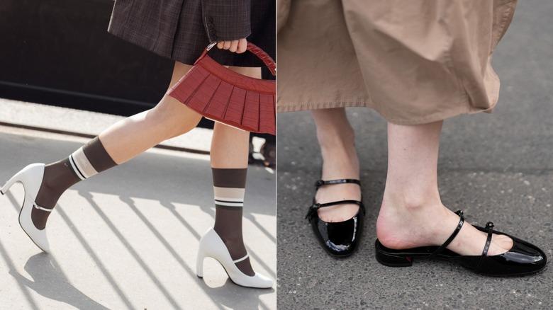 A pair of heeled white Mary Jane shoes with socks and a red bag during Paris Fashion Week in March 2026 / A pair of black Mary Jane mules in Berlin in May 2026
