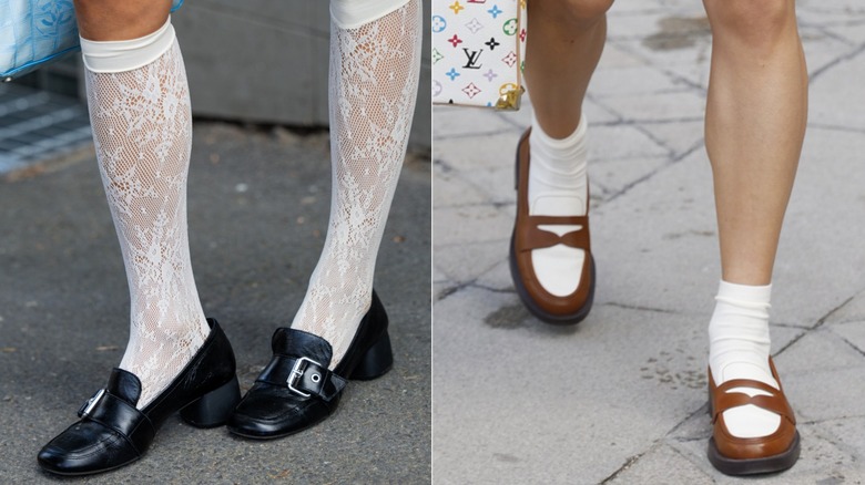 A pair of black buckled loafers with white lace socks during Oslo Fashion Week in September 2026 / A pair of brown and cream penny loafers with white socks during Paris Fashion Week in March 2026
