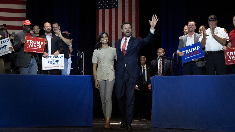 Usha Vance wearing a dull and inapprorpiate outfit at an Ohio rally