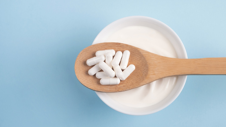 spoon of probiotics above bowl of yogurt