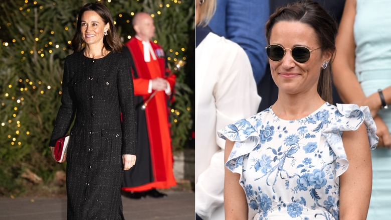 Pippa Middleton wearing a black coat outside Westminster Abbey, and wearing Rayban sunglasses and diamond earrings at Wimbledon
