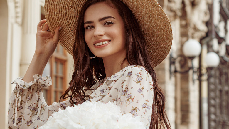 cream dress with blue flowers