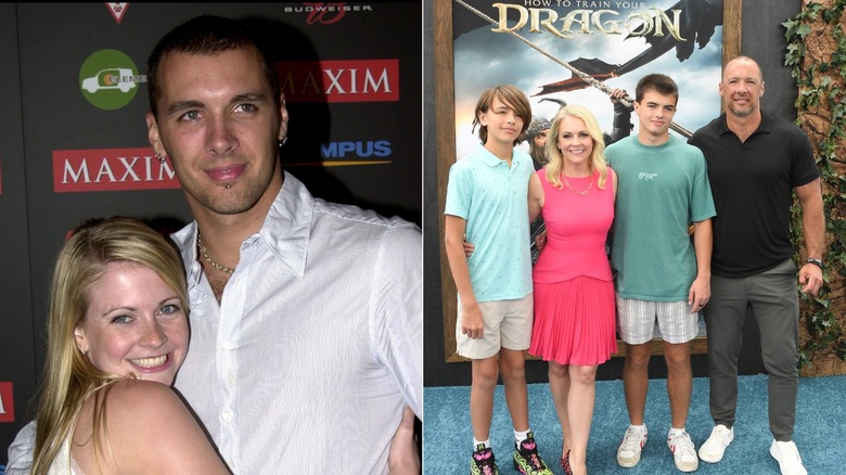 On left, Melissa Joan Hart wears a white tank and hugs fiance Mark Wilkerson, who wears a white collared shirt at Maxim Magazine's Annual "Hot 100" Party in Hollywood in 2003. On right, Melissa Joan Hart and husband Mark Wilkerson pose with sons Tucker and Braydon at the LA Premiere of DreamWorks, "How to Train Your Dragon," in 2025.