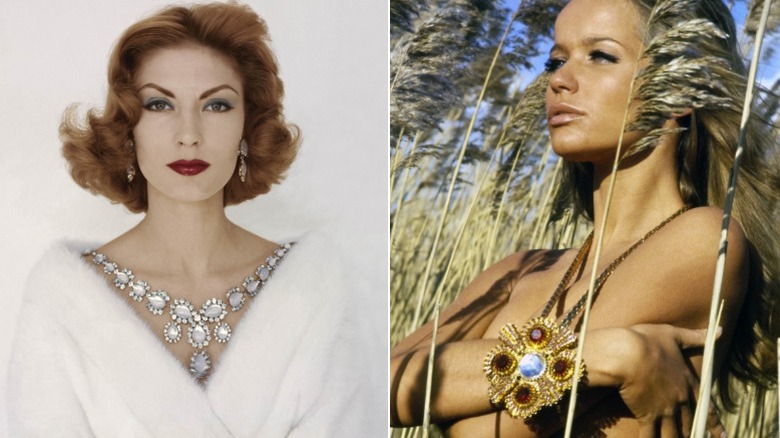 Model Mary McLaughlin wearing a Miriam Haskell necklace, and model Veruschka wearing a Marion Haskell necklace
