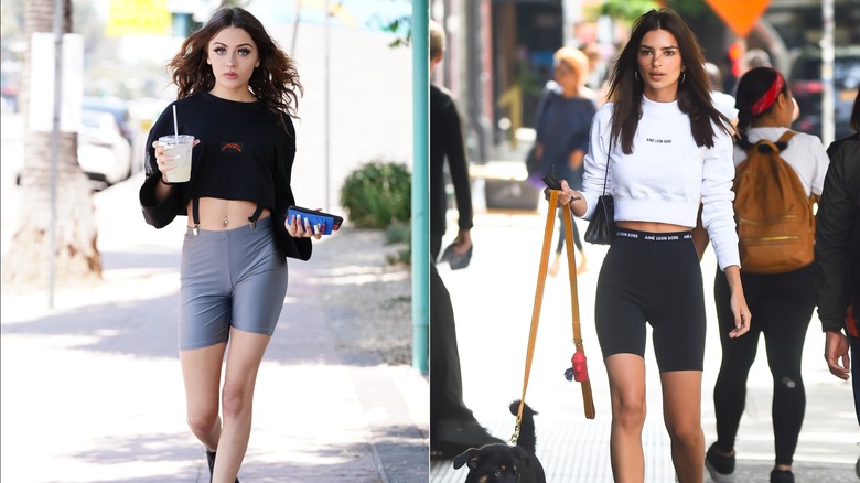 Prymrr in a cropped sweatshirt, suspenders, and gray biker shorts in Los Angeles in June 2021 / Emily Ratajkowski walking her dog in Soho New York City in June 2019