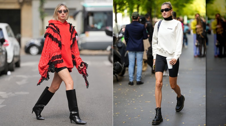 Emy Venturini wearing a lace decorated sweatshirt, black biker shorts, and knee-high boots in Paris in July 2026 A woman wearing a cream sweatshirt, black biker shorts and Dr Martens during Milan Fashion Week in September 2022