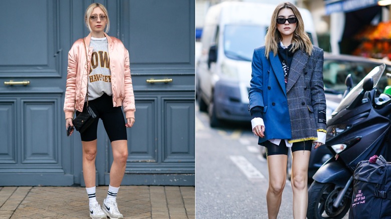 Emy Venturini wearing a sweatshirt, pink satiny bomber jacket and black biker shorts in Paris in March 2021 / Stefanie Giesinger wearing a sweatshirt, colorblocked blazer, and black biker shorts during Paris Fashion Week in January 2020