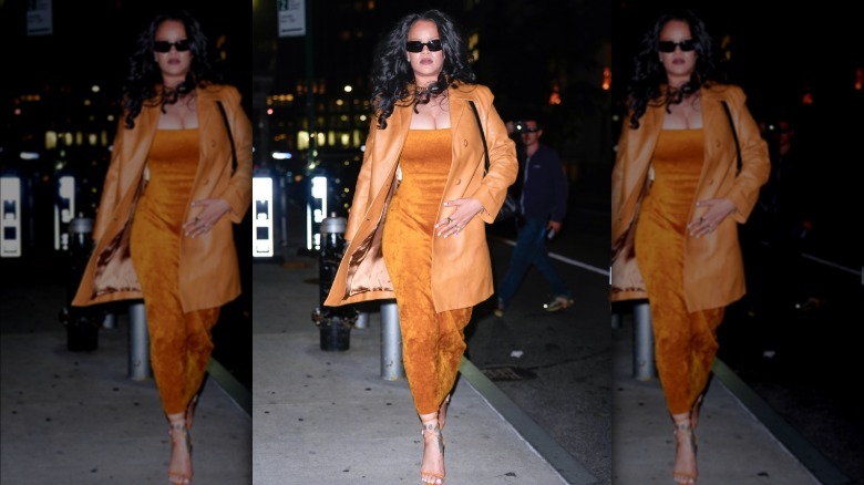 Rihanna wears a strapless dress with an oversized jacket in June 2026