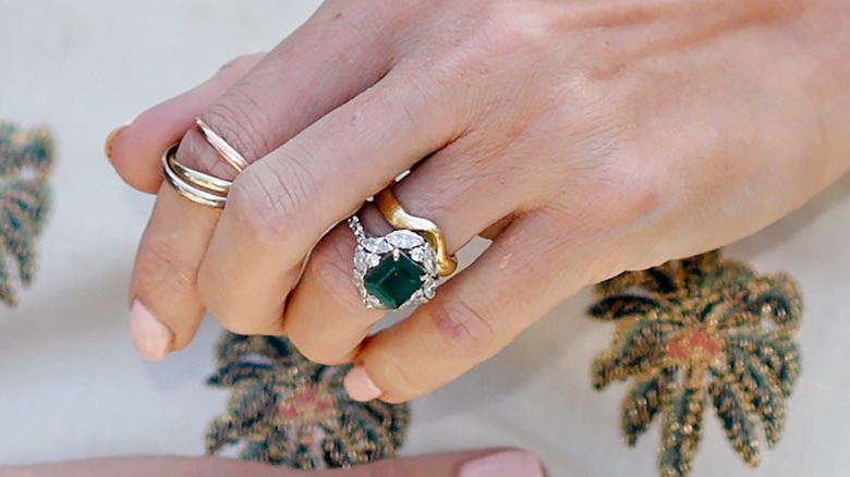 A close-up look at the emerald ring of a guest at Royal Ascot