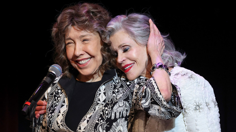 Lily Tomlin and Jane Fonda speak on stage during Era Coalition Forward Women's Equality Trailblazer Awards and premiere of 