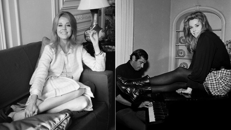 Jane Fonda photographed in the '60s, smoking a cigarette on a couch on the left and posing on a piano on the right.