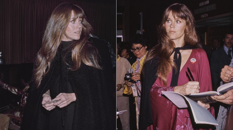 Jane Fonda photographed looking to the side wearing a black outfit on the left and wearing a red dress signing a book on the right.