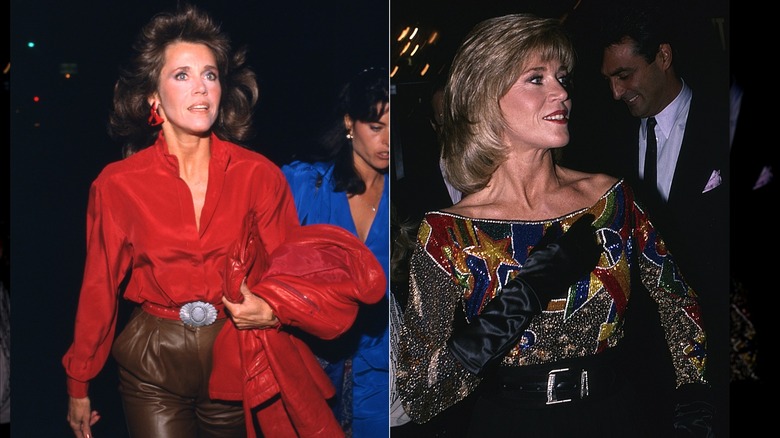 Jane Fonda in a red blouse and brown leather pants on the left and wearing a sparkly top on the right.