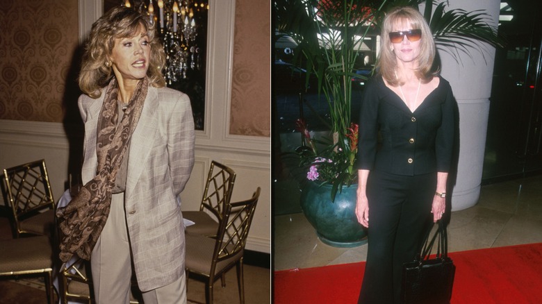 Jane Fonda wearing a menswear-inspired suit on the left and in an all-black outfit and sunglasses on the right.