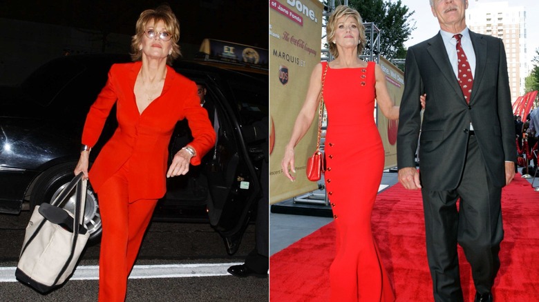 Jane Fonda wearing a red suit carrying a tote bag on the left and wearing a red dress at a red carpet event on the right.