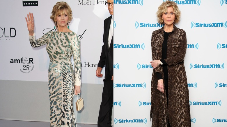 Jane Fonda wearing a white animal-print dress waving at an event on the left, and wearing a brown animal-print outfit on the right.