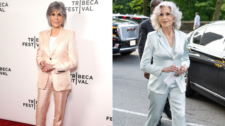 Jane Fonda wearing a peach pantsuit at an event on the left, and wearing a silvery pantsuit and curly gray hair on the right.