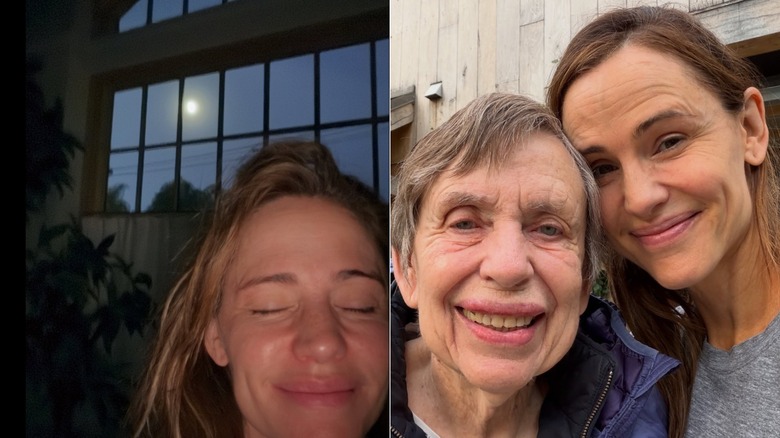 Side-by-side photos of Jennifer Garner smiling and posing for makeup-free selfies.