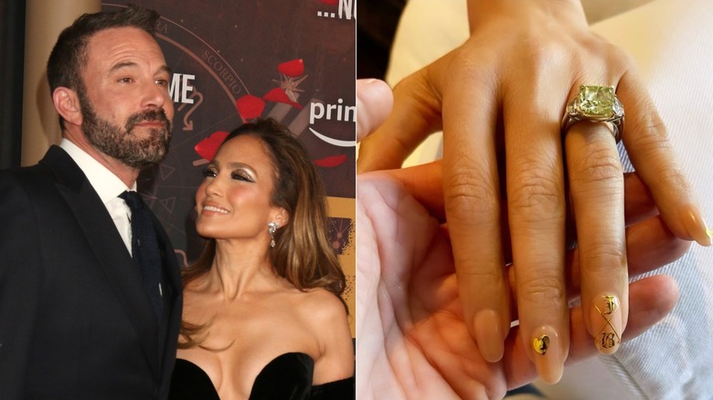 Jennifer Lopez and Ben Affleck dressed in black, posing together on a carpet