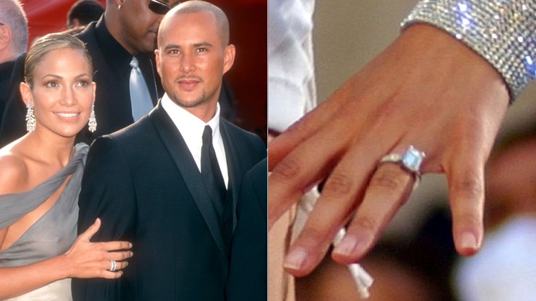 LEFT: Jennifer Lopez posing alongside Chris Judd RIGHT: Lopez's engagement ring from Judd in a close-up.