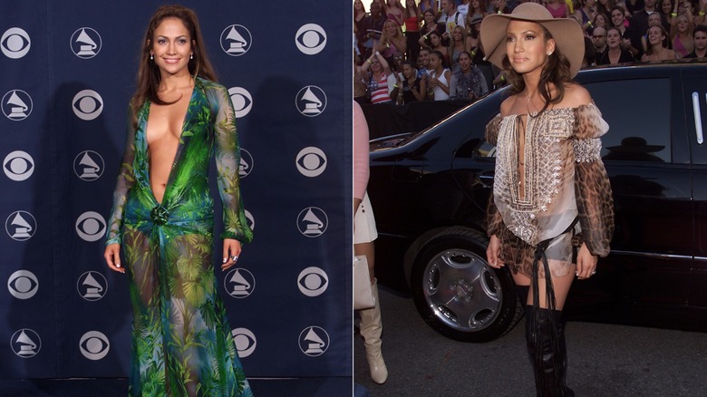 Jennifer Lopez posing in her iconic Versace dress and a leopard sheer mini