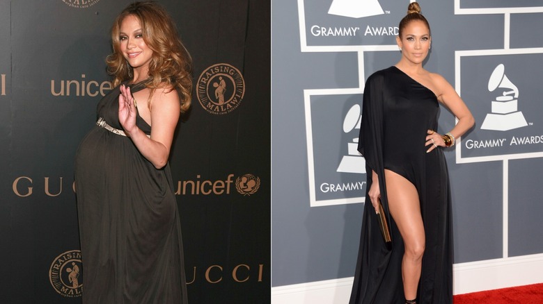 Jennifer Lopez posing in a gray maternity dress and a black daring one-shoulder dress
