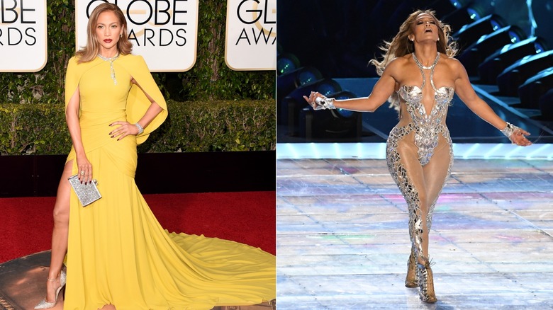 Jennifer Lopez posing in a yellow cape dress and a metallic bodysuit