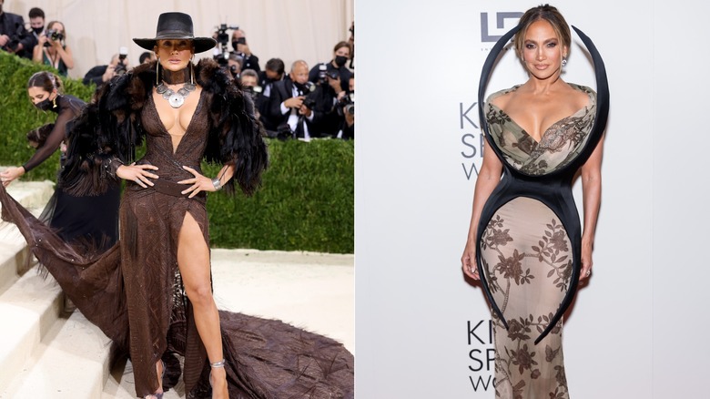 Jennifer Lopez posing in a brown dress and hat and a dress with an abstract spider belt
