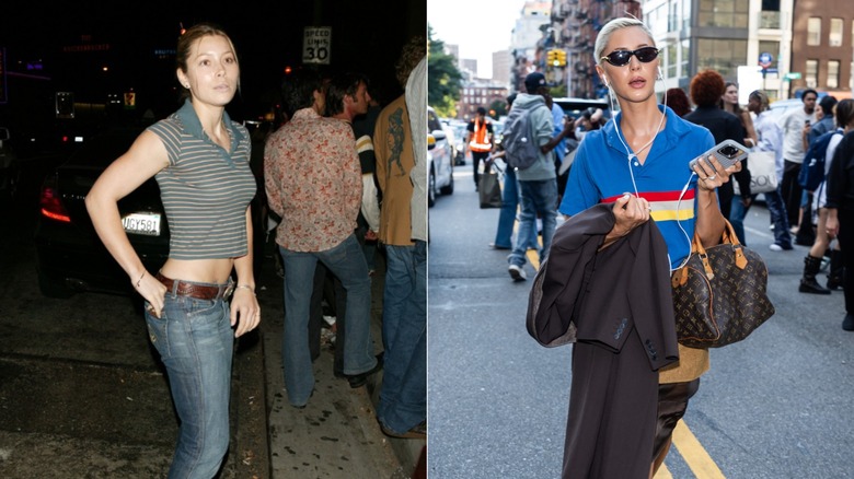 Jessica Biel wearing flared low-waisted jeans, a brown belt, and a striped top on the left and Iris Law wearing a striped polo shirt and sunglasses on the right.